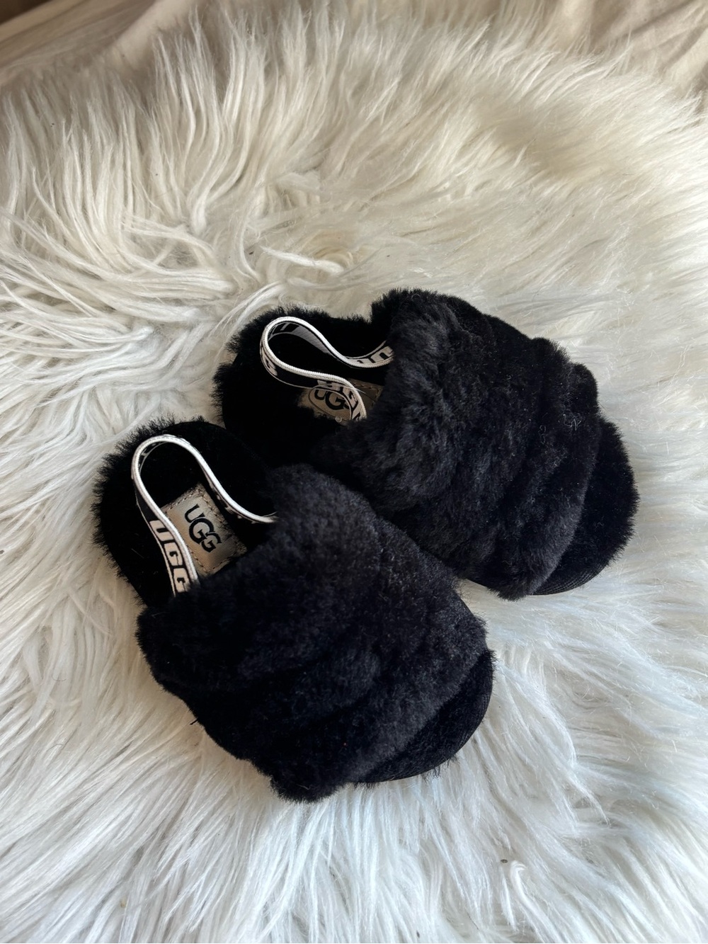 UGG BABY Black Plush Crossover Slide Slippers